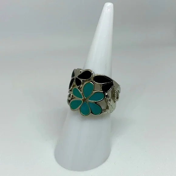 NEW Silver w Black Turquoise Flower Ring - Picture 1 of 7